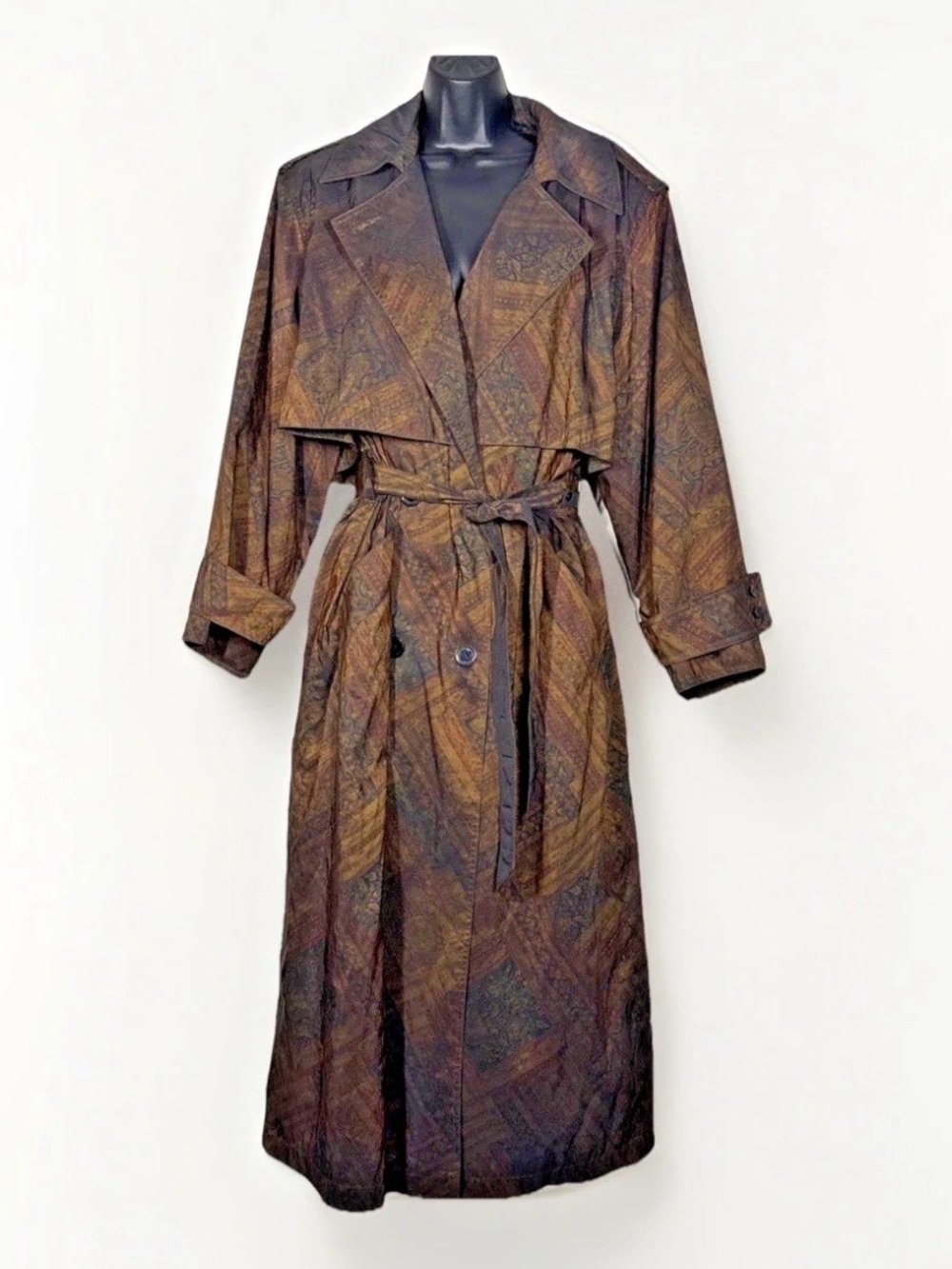 Vtg 80s 90s Forecaster 9/10 M Trench Rain Coat Belted brown print jacket lining